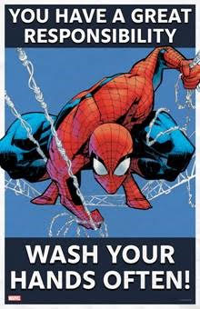 Spider-man says "Wash your hands often!"